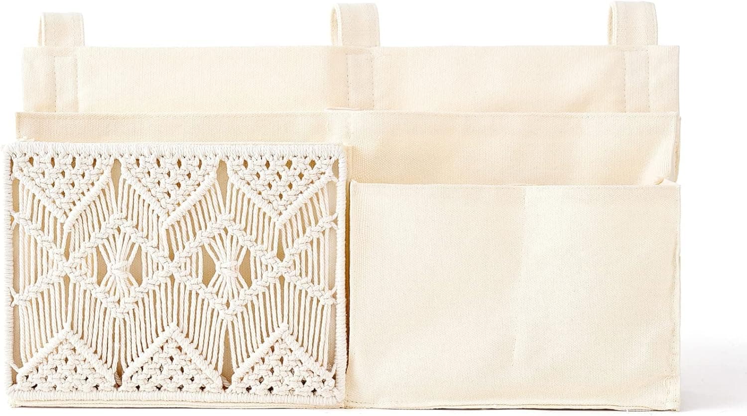 Mkono Bedside Caddy Hanging Organizer, Bunk Woven 7 Pockets Bed Storage Bag Boho Remote Magazine Books Holder with Macrame for Loft Bed College Dorm Bedroom Baby Bed Rails, Ivory
