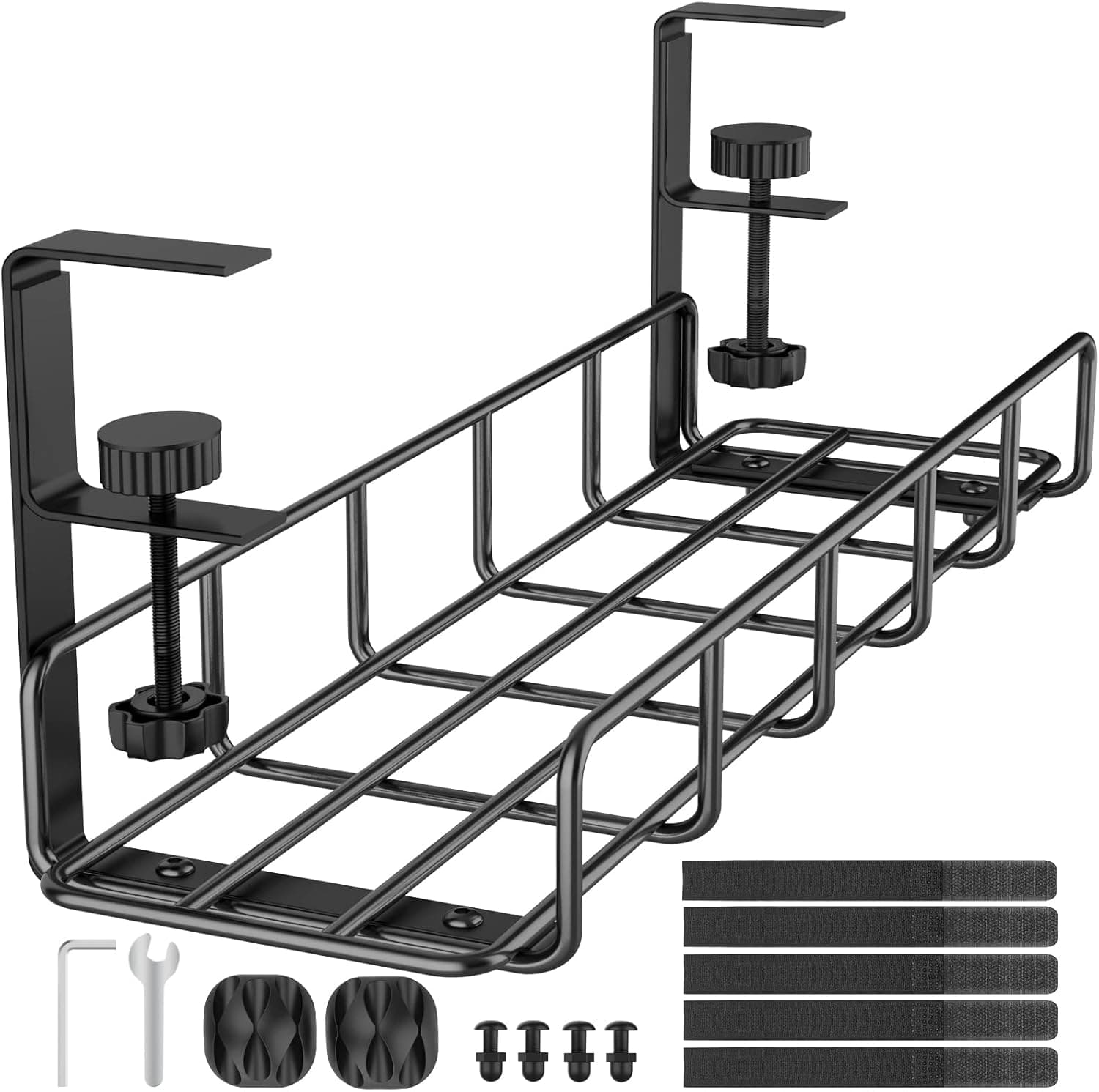 Under Desk Cable Management Tray, 31.5'' No Drill Steel Cable Tray Organizers, Wire Management Tray Cable Rack with Clamp Mount, Metal Under Desk Tray with Wire and Cord Organizer (Black, 1 Pack)