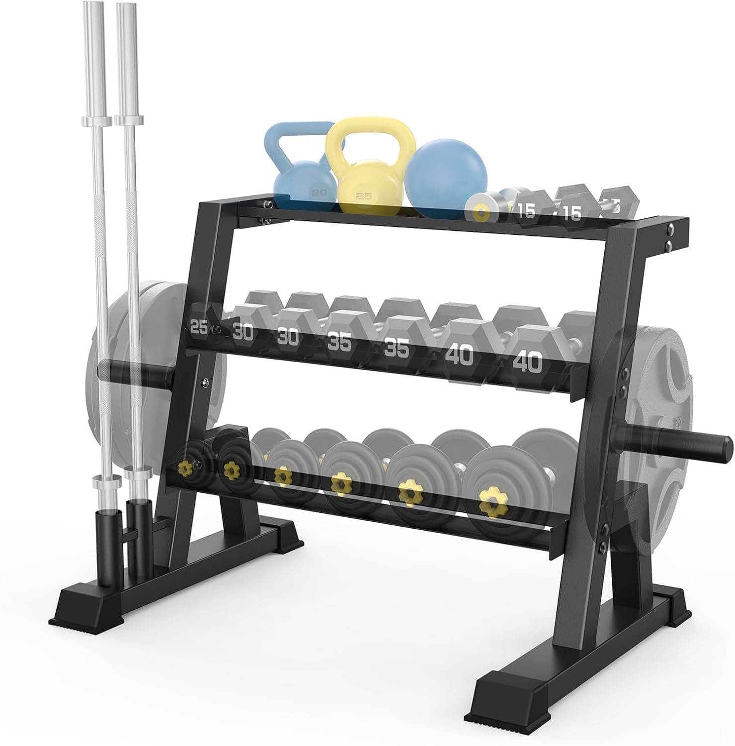 3-Tier Weight Rack, Dumbbell Kettlebell Rack1100LB Capacity Weight Plate and Curl Bar Storage for Home Gym
