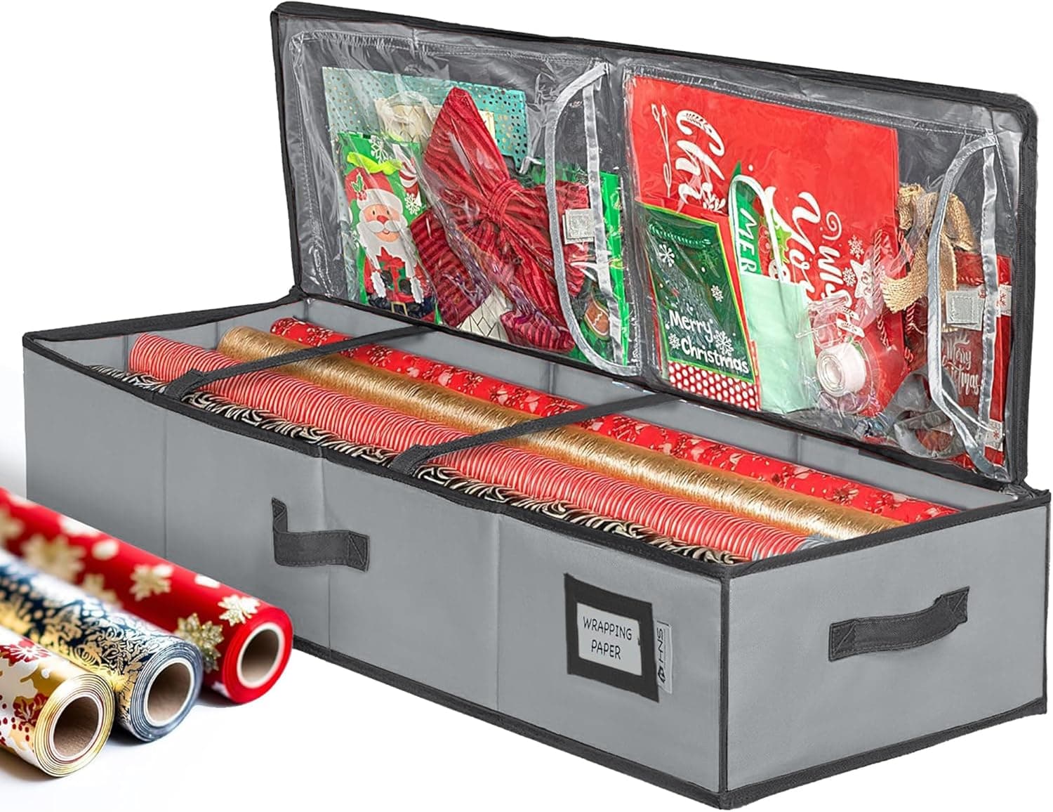 HOLDN’ STORAGE Premium Wrapping Paper Storage Container - Durable 600D Tear-Proof, Fits 27 Rolls Gift Wrap, Extra Pockets for Ribbons & Bows, Underbed Storage - Ideal for Holiday Christmas, Gray