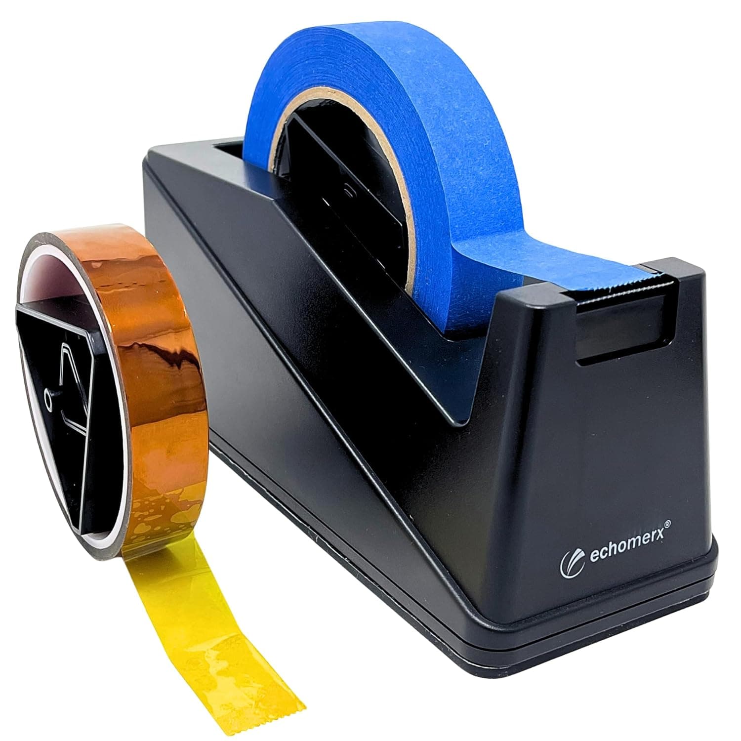 echomerx Large Tape Dispenser Heavy-Weighted - Best One-Handed for Masking Painters Tape, Heat Tape, Kapton & More | Big Non-Slip Base, 1"/3" Core, 8" L, Black | Commercial, Sublimation & Crafting