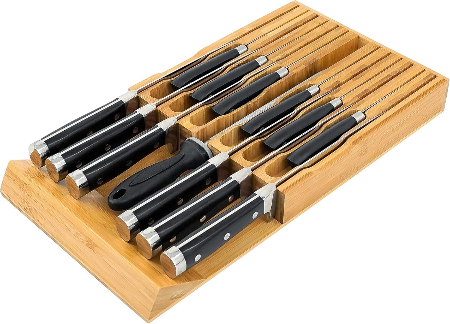 VaeFae Bamboo Knife Drawer Organizer, Knife Drawer Organizer Insert, Kitchen Drawer Knife Block for 12 Knives and a PLUS Slot for your Knife Sharpener (Without Knives)