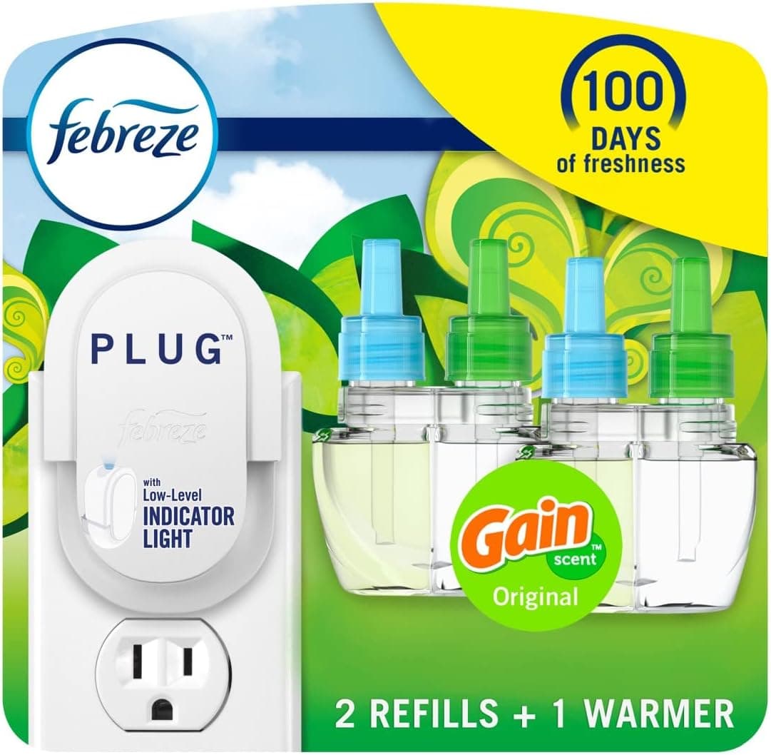 Febreze Plug In Air Freshener, Odor-Fighting Scented Oil Starter Kit, Air Fresheners for Home and Bathroom and Kitchen, Long Lasting for Strong Odors, Gain Original Scent, Warmer + 2 Refill