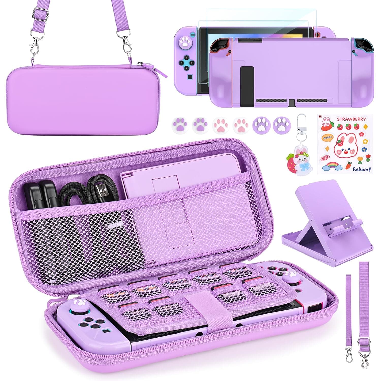 Younik Switch Accessories Bundle, 17 in 1 Purple Switch Accessories Kit for Girls Include Switch Carrying Case, Adjustable Stand, Protective Case for Switch Console & J-Con