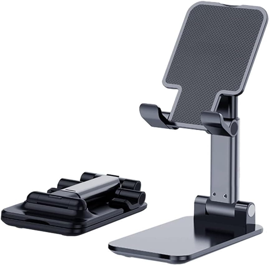Phone Holder for Desk, MT-6 Cell Phone Stand for Desk Universal Cellphone Stand Holder Foldable & Height Adjustable Compatible Under 8” Device, with Silicone Mat, Black