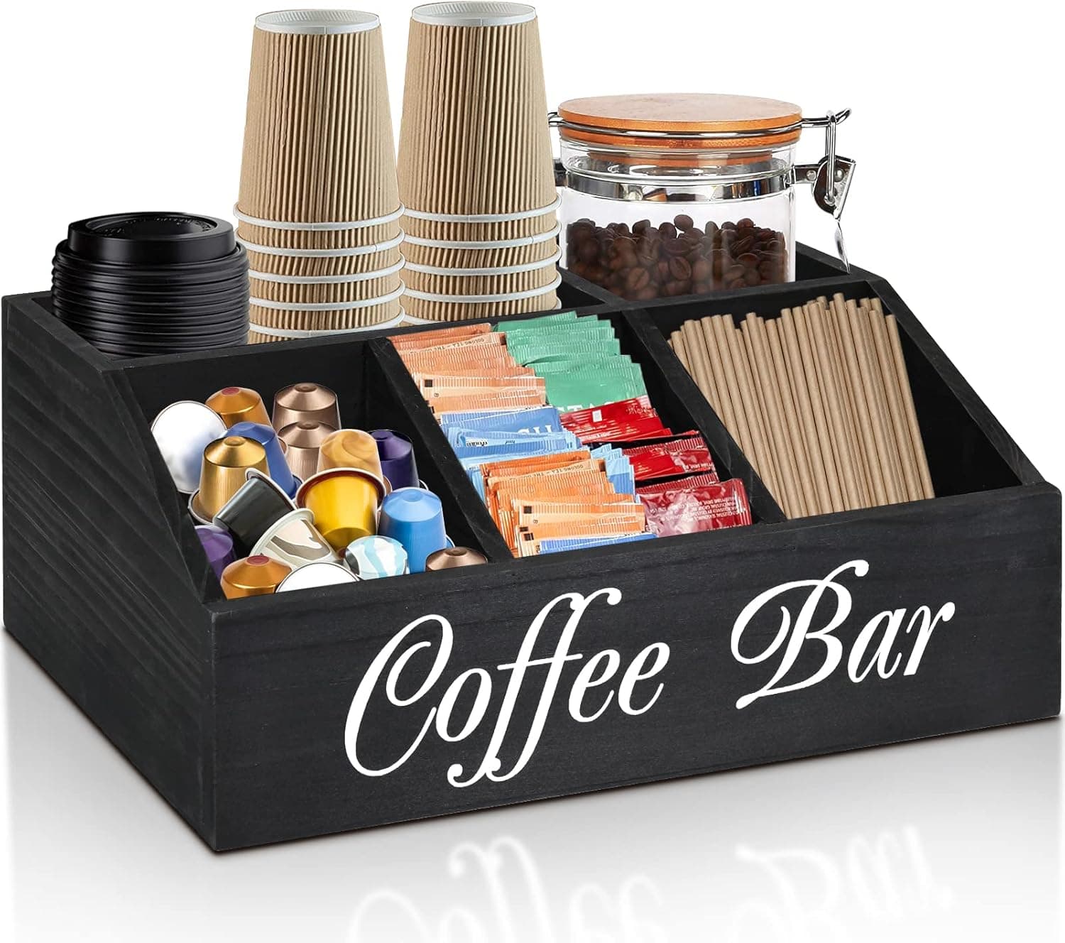 ugiftt Coffee Station Organizer for Counter, Wood Coffee Pods Holder Storage Basket, Tea Condiment Storage Organizer, Rustic Bar Decor for Accessories Organizer