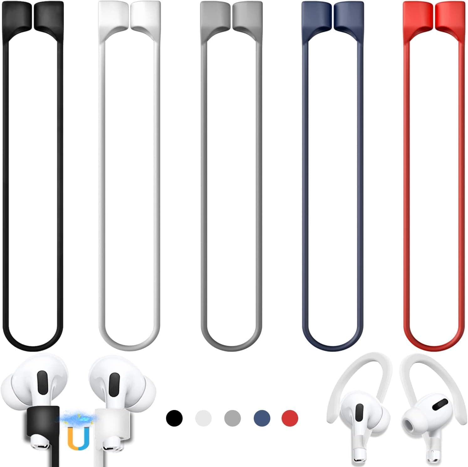 5 Pack Ultra Strong Magnetic AirPods Pro Straps, Anti-Lost Neck Cord for AirPods Pro 3 2025,AirPods 4th, AirPods Pro 2nd/1st, AirPod 3rd, AirPod 2nd/1st - 5 Pcs Silicone Sports Lanyard and 2 Ear Hook