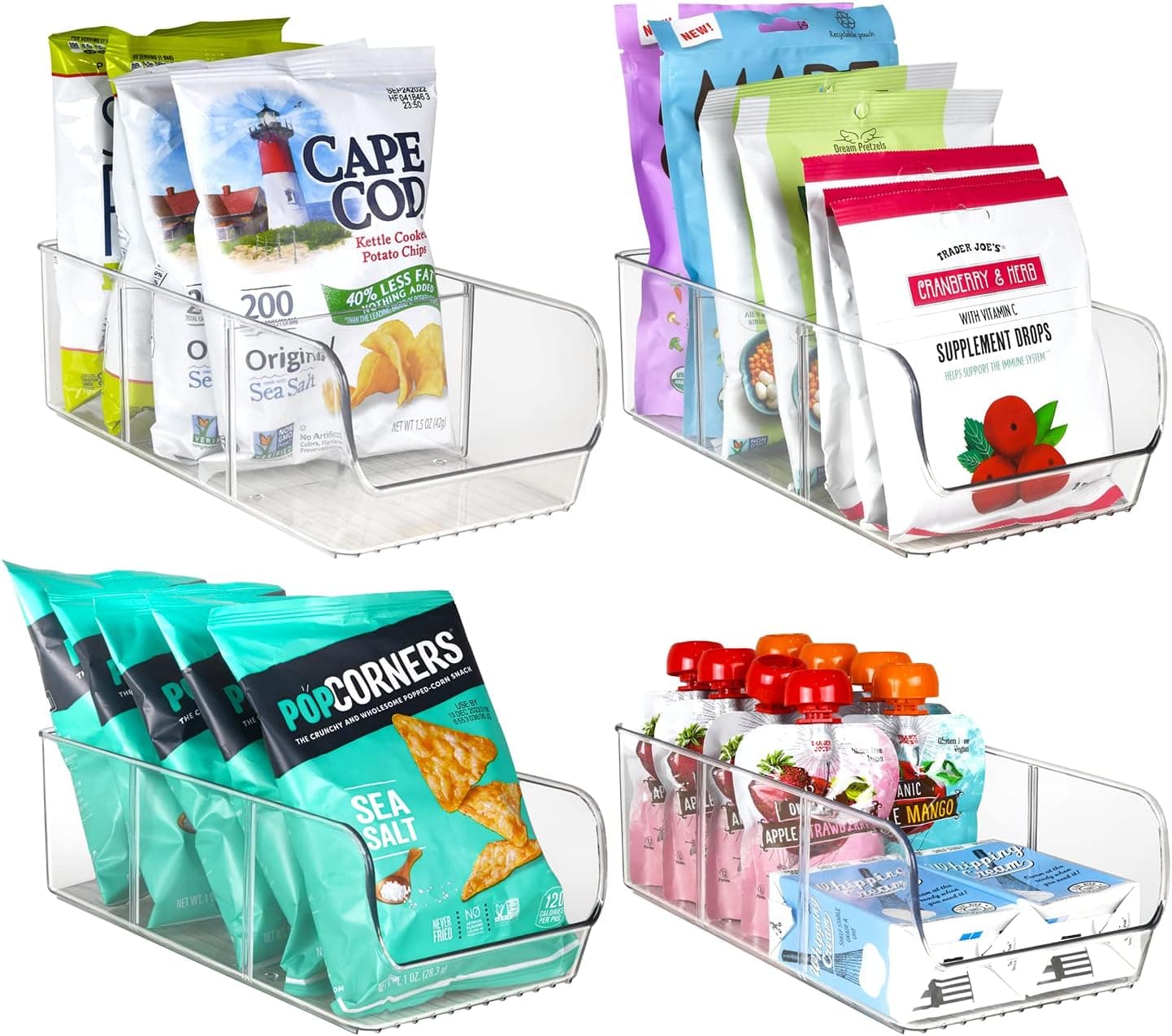 ELTOW 4-Pack Snack Organizer, 3-Compartment Plastic Bins with Removable Dividers, Chip & Food Storage for Pantry, Spices, Fridge, and Cabinet
