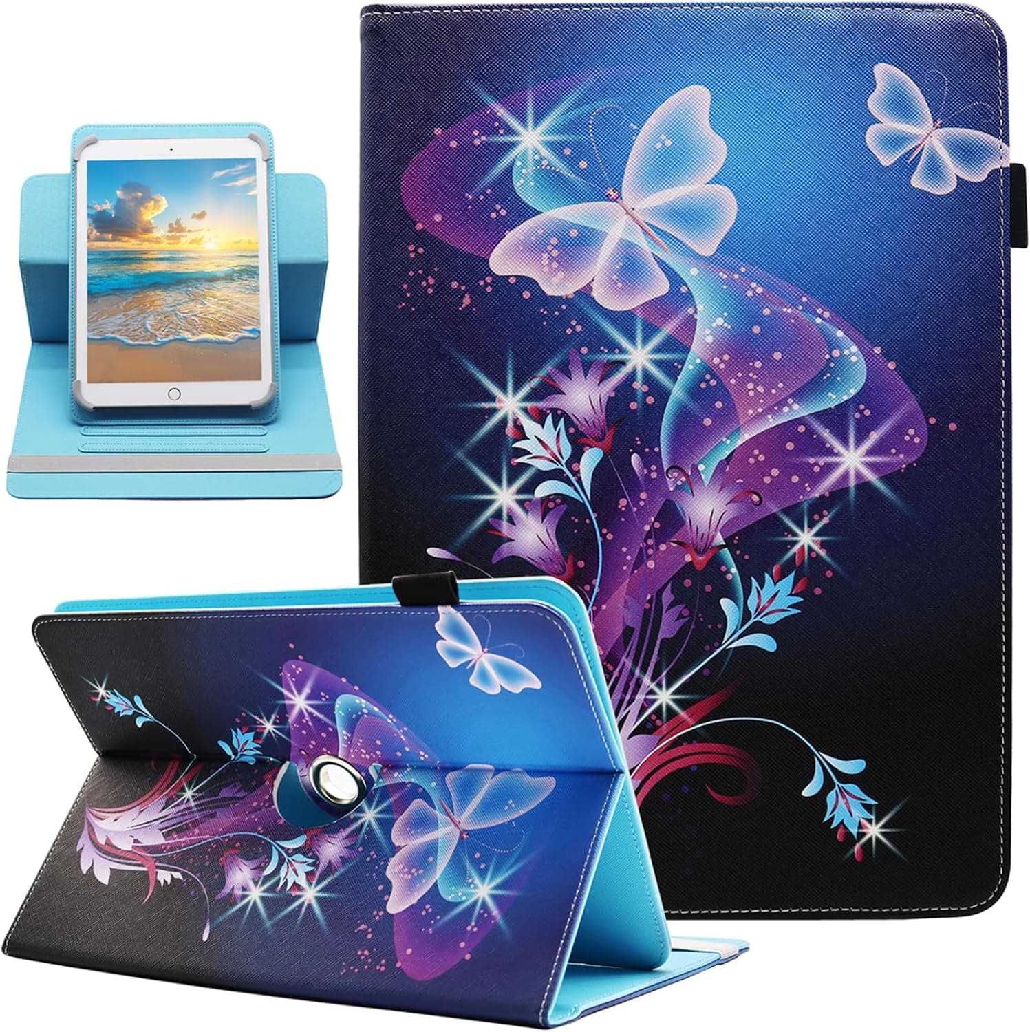 Universal 10 10.1 Inch Android Tablet Case, Dluggs 360 Degree Rotating Multi-Angle Viewing Stand Universal Case Cover for 10 10.1 and All 9.5-10.5 Inch Tablet, Shiny Butterfly
