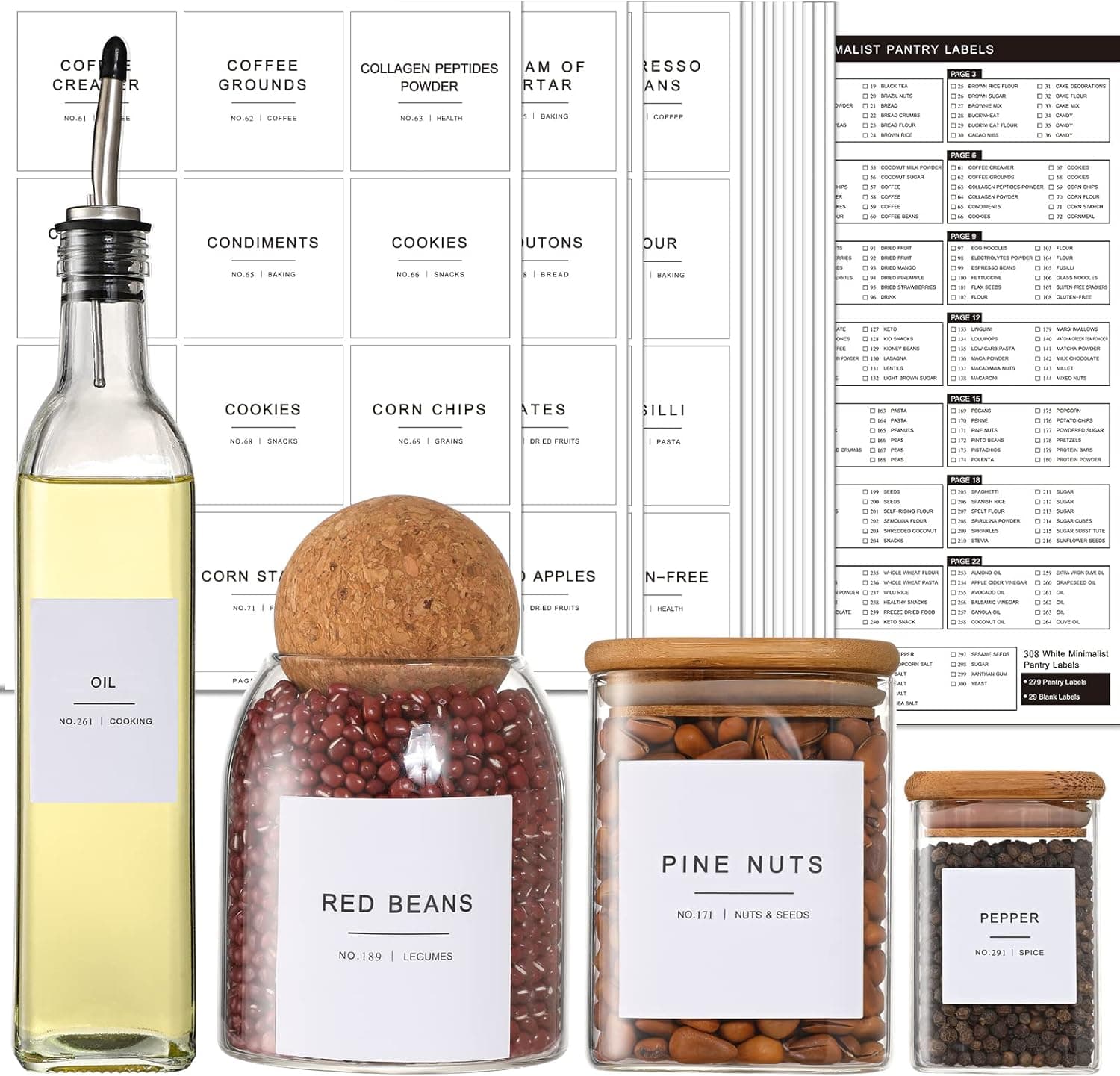 308 Kitchen Pantry Labels for Food Containers, 3 Sizes White Minimalist Labels for Organizing, Food Label for Jars, Storage Bins, Preprinted Waterproof Pantry Label for Containers
