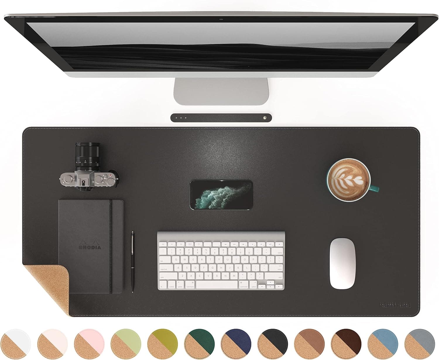 RENMTURE Dual-Sided Mouse Pad, Natural Cork & PU Leather Large Desk Pad for Office and Home Work, Desk Protector Non-Slip, Waterproof, Easy Clean (Black, 36"x17")