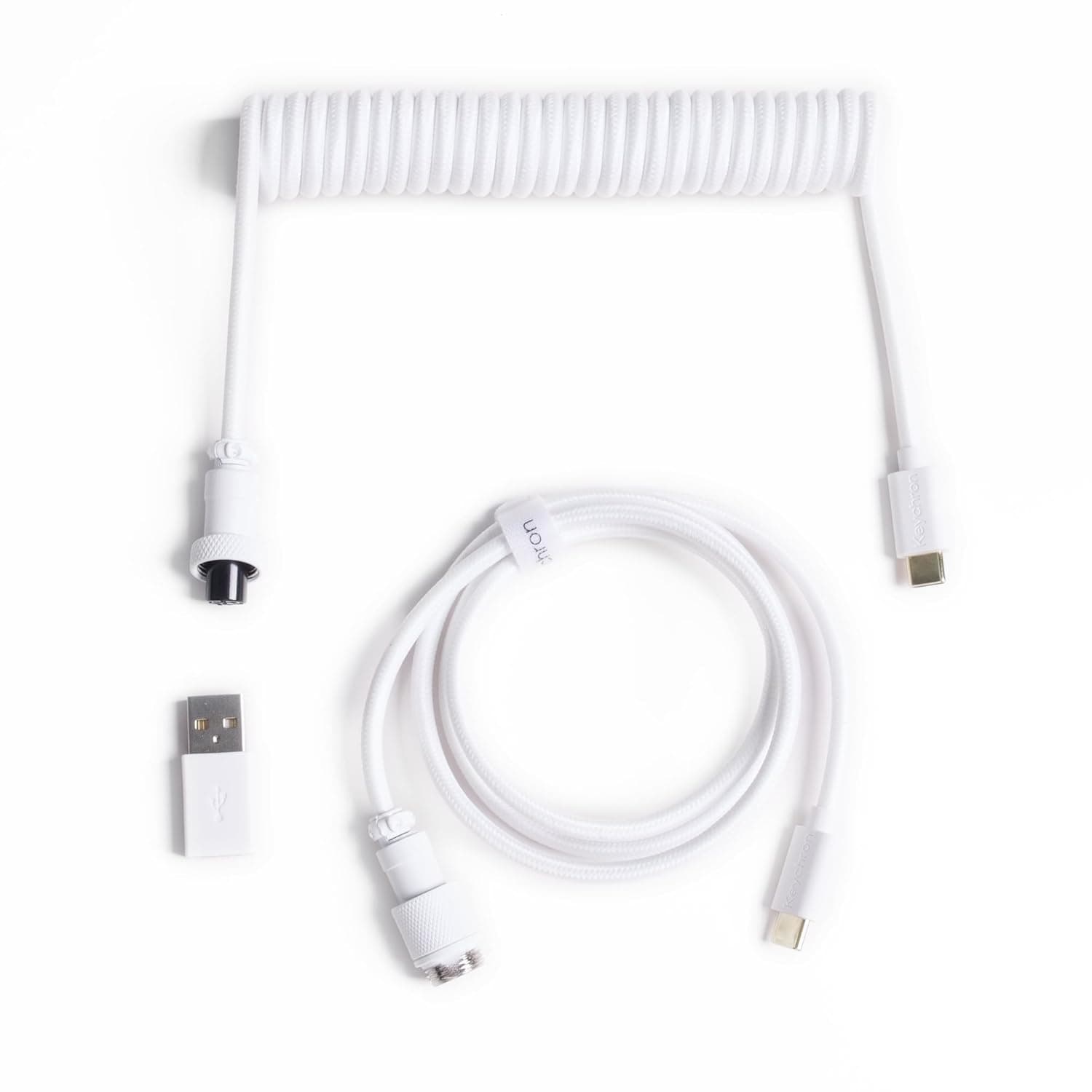 Keychron Custom Coiled Aviator USB-C Cable, White, 5-Pin (GX12) Detachable Metal Connector, USB-A Adapter, Durable Braided Cable for Mechanical Keyboards, Charging & Data Transfer