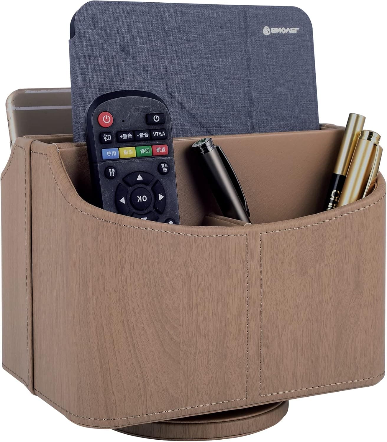 Leather Remote Control Holder/Caddy 360 Degree Rotating, Desk Organizer for TV Remote Controllers,Pen,Calculator,cell phone,gadget storage box,Nightstand Decoration(Light wood grain)