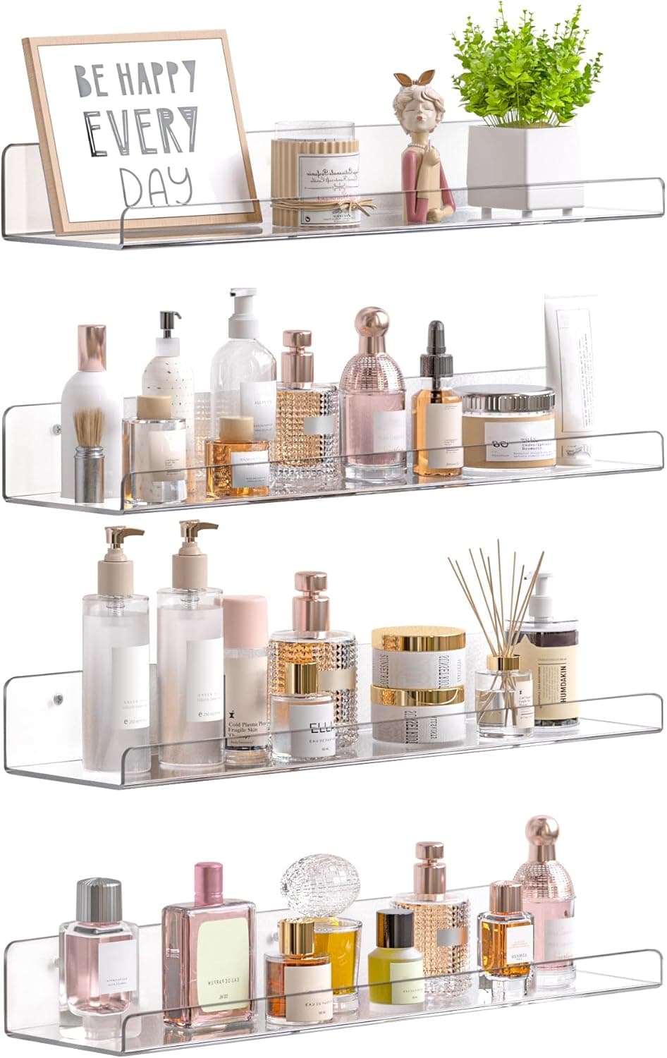 upsimples Acrylic Shelves for Bathroom Storage, 15" Floating Shelves Wall Organizer for Perfume, Make up, Skincare, Kids Bookshelf for Bedroom, Nursery, Living Room Decor, Clear, 4 Pack