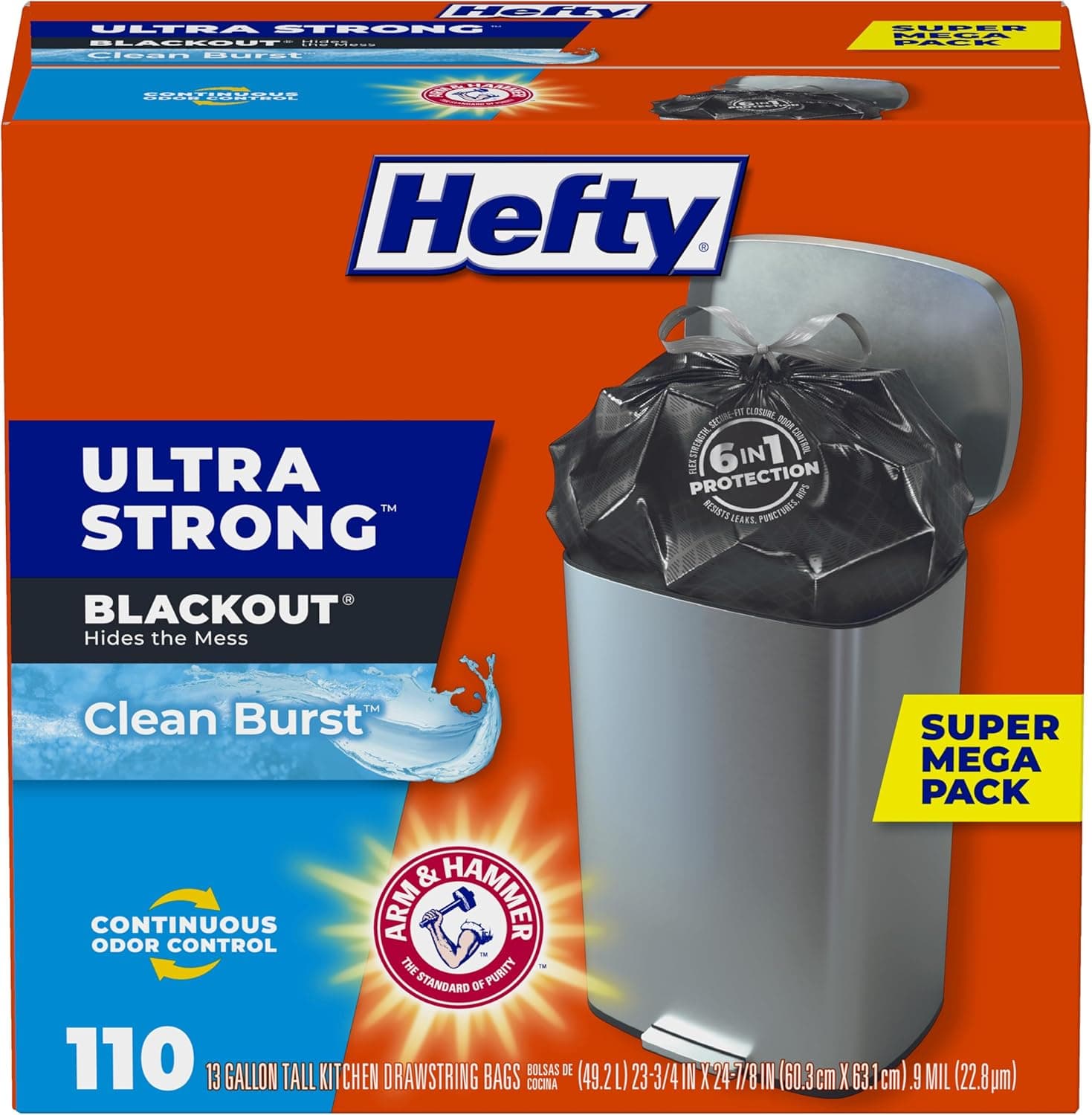 Hefty Ultra Strong 13 Gallon Trash Bags, Black Tall Kitchen Trash Bags 13 Gallon Size, Break Resistant Drawstring Enclosure, Continuous Odor Control, Blackout, Clean Burst Scent, 110 Bags