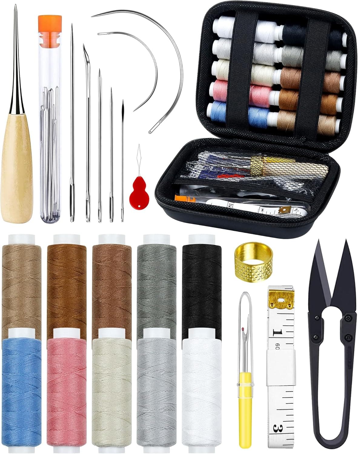 PLANTIONAL Upholstery Repair Sewing Kit, Heavy Duty Sewing Kit with Sewing Awl, Seam Ripper, Leather Hand Sewing/Stitching Needles, Sewing Thread for Car/Sofa/Backpack/Shoe, Craft DIY, 10 Color, 47Pc