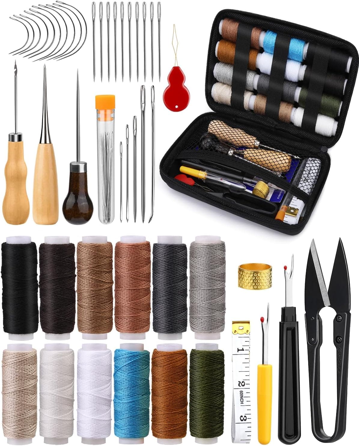 BAGERLA Heavy Duty Sewing Kit, Needle and Thread Kit with Upholstery Thread Needles Sewing Awl Seam Ripper for Car Seats Carpets Shoes Backpacks DIY Crafting