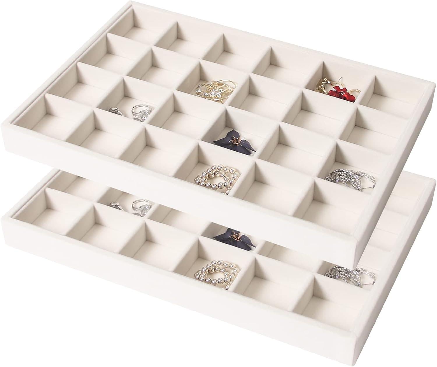 Coward 2PC Stackable 24 Gird Jewelry Organizer Tray Necklace Earring Box Storage Drawer Ring Bracelet Display Holder (beige(24grid+24grid))