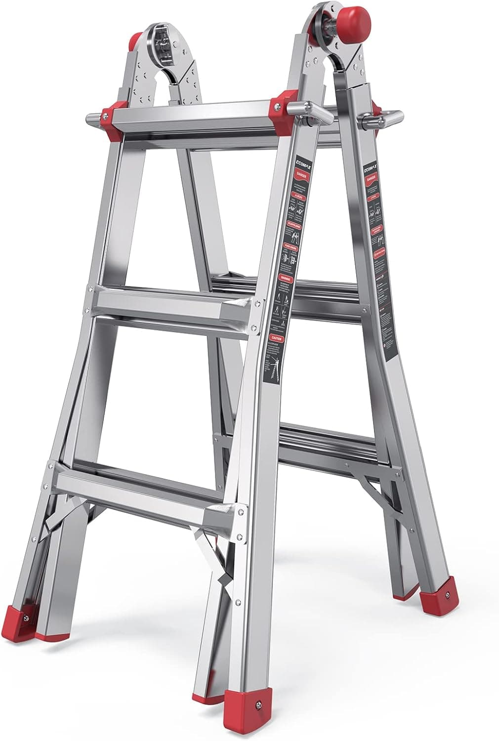 ECOMAX Folding Ladder, 13 ft Aluminum Extension Ladder, 300 lbs Load Capacity, Portable Telescoping Ladder with Non-Slip Rubber, Multi-Position Step Ladders, for Working Indoor/Outdoor EM4X3L2