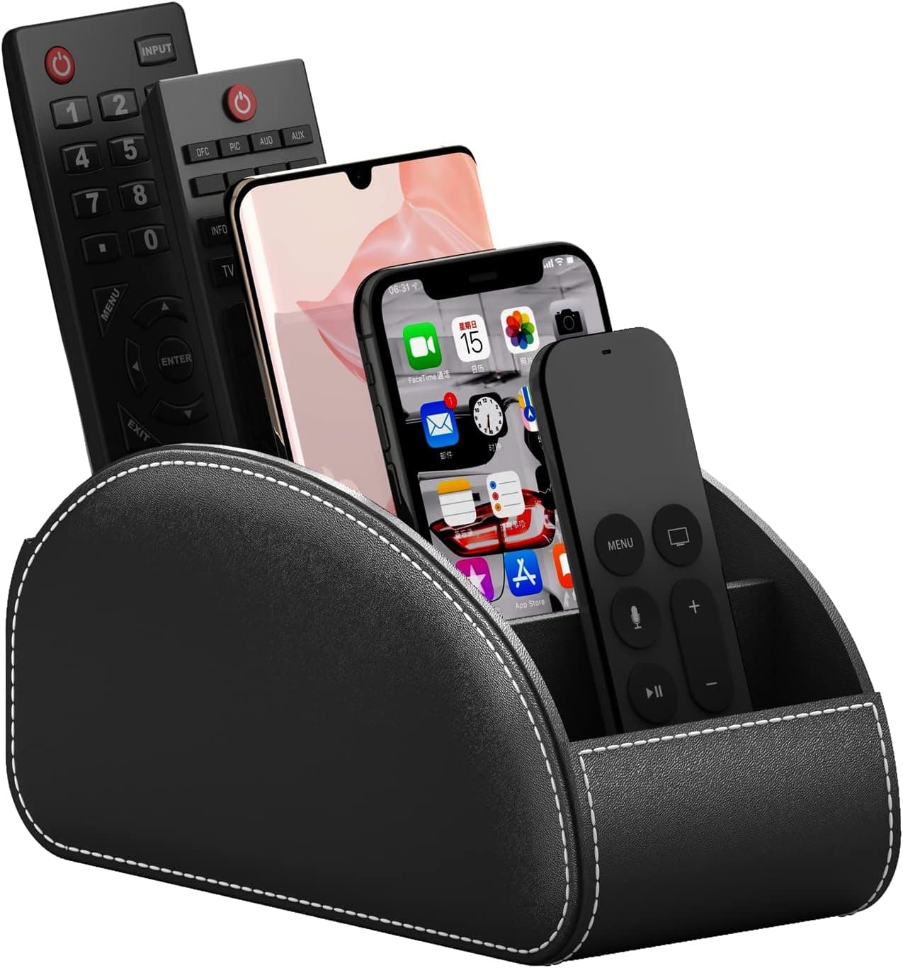 Thipoten Remote Control Holder for Table, Faux Leather Caddy/storage/Tray for Remote Controllers, Office Supplies, Perfect Space Saver for End Table/Nightstand/Office Desk (Black, Large)