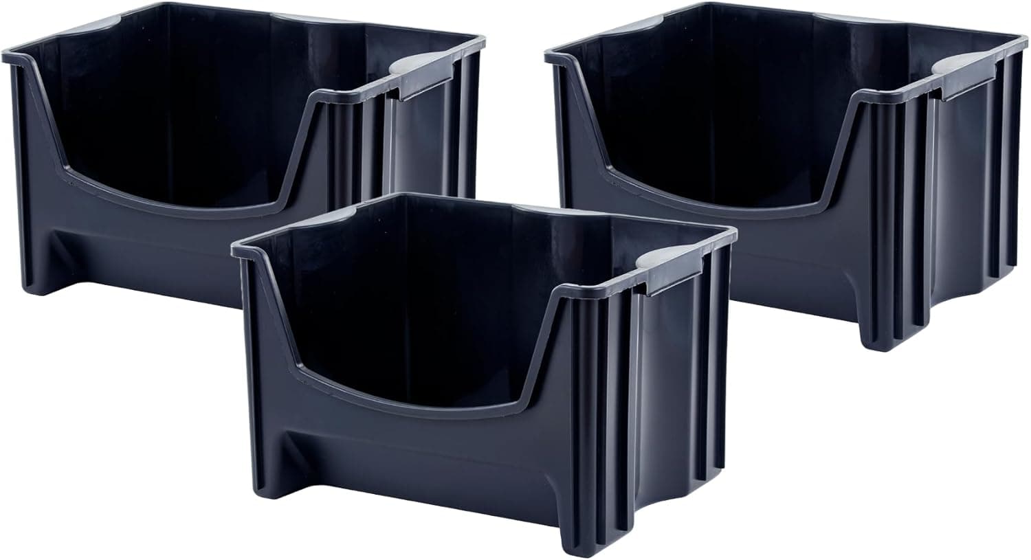 Mighty Tuff Jumbo Stackable Storage Bins, Pack of 3, Easy-Access Storage, Large Easy-To-Grip Handles, Wide Front Opening, Interlocking, Stack Vertically, Black