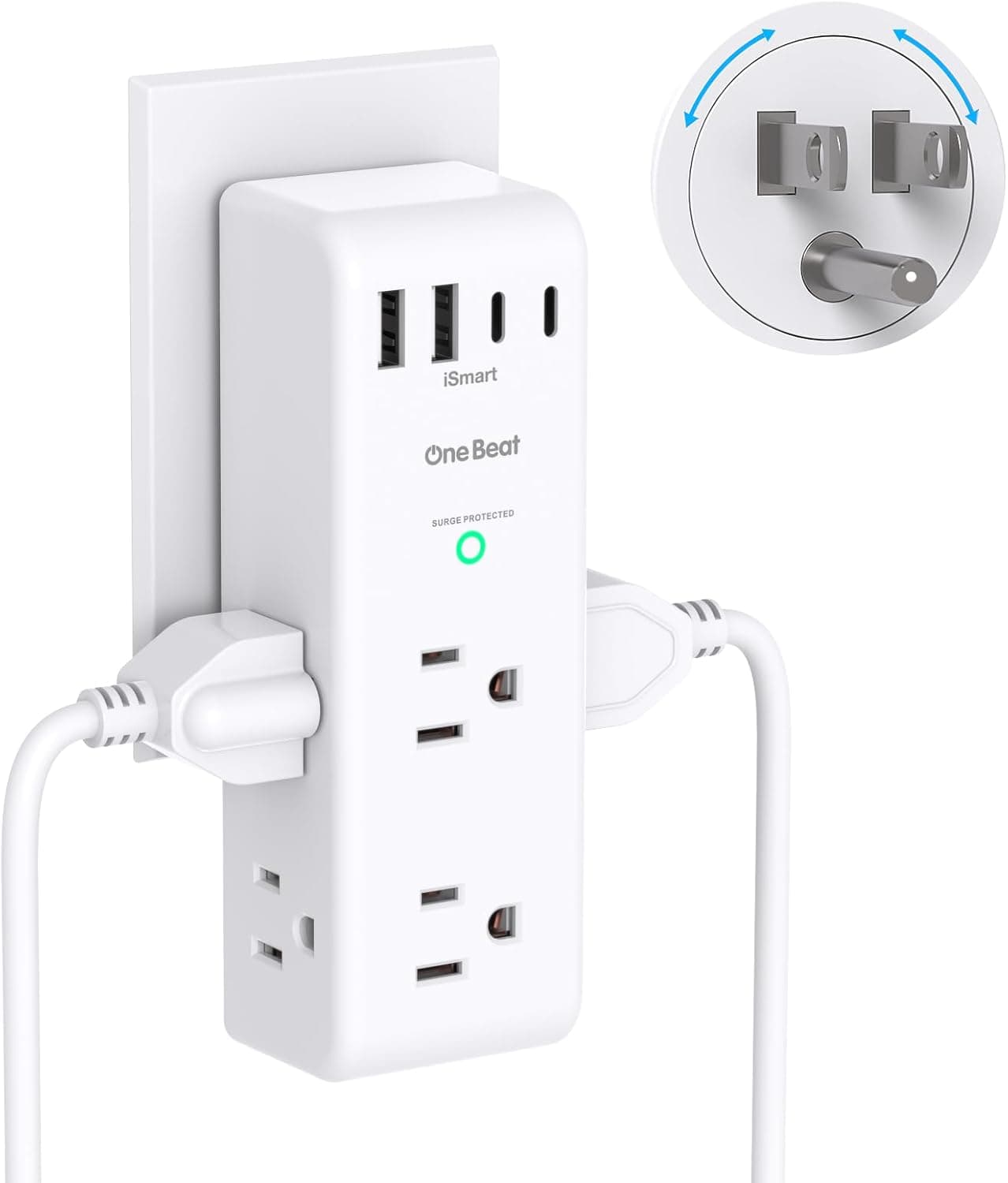 Surge Protector Outlet Extender - with Rotating Plug, 6 AC Multi Plug Outlet with 4 USB Ports (2 USB C), 1800J Wall Charger, 3-Sided Power Strip with Spaced Outlet Splitter for Home, Office, Travel