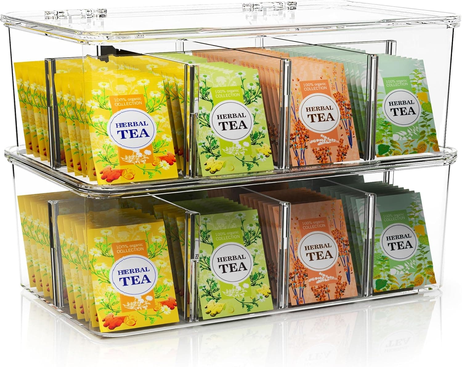 Utopia Home - Tea Bag Organizer With Lids, (2 Pack) Clear Pantry Storage Box - Stackable Partition Organizers or Holder With Lids For Drawers, Countertops, Fridge, Kitchen, Snack & Spice Organization