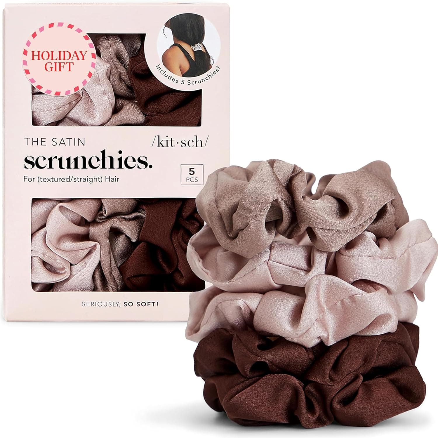 Kitsch Satin Scrunchies for Women - Softer Than Silk Scrunchies | Hair Ties No Damage for Frizz-Free Sleep | Stocking Stuffers for Teen Girls | Ideal Gifts for Women - Cameo, 5pcs