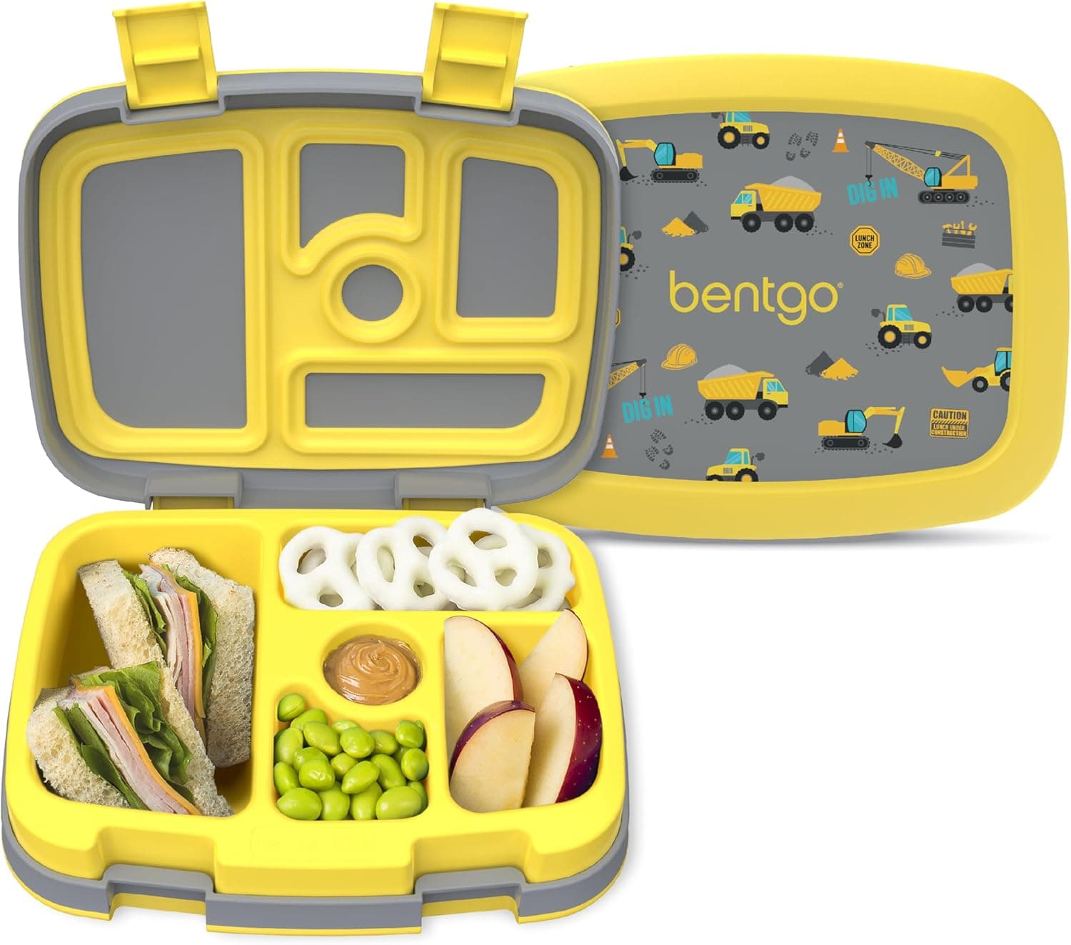 Bentgo Kids Prints Leak-Proof, 5-Compartment Bento-Style Kids Lunch Box - Ideal Portion Sizes for Ages 3-7, Durable, Drop-Proof, Dishwasher Safe, & PFAS & BPA-Free Materials (Construction Trucks)