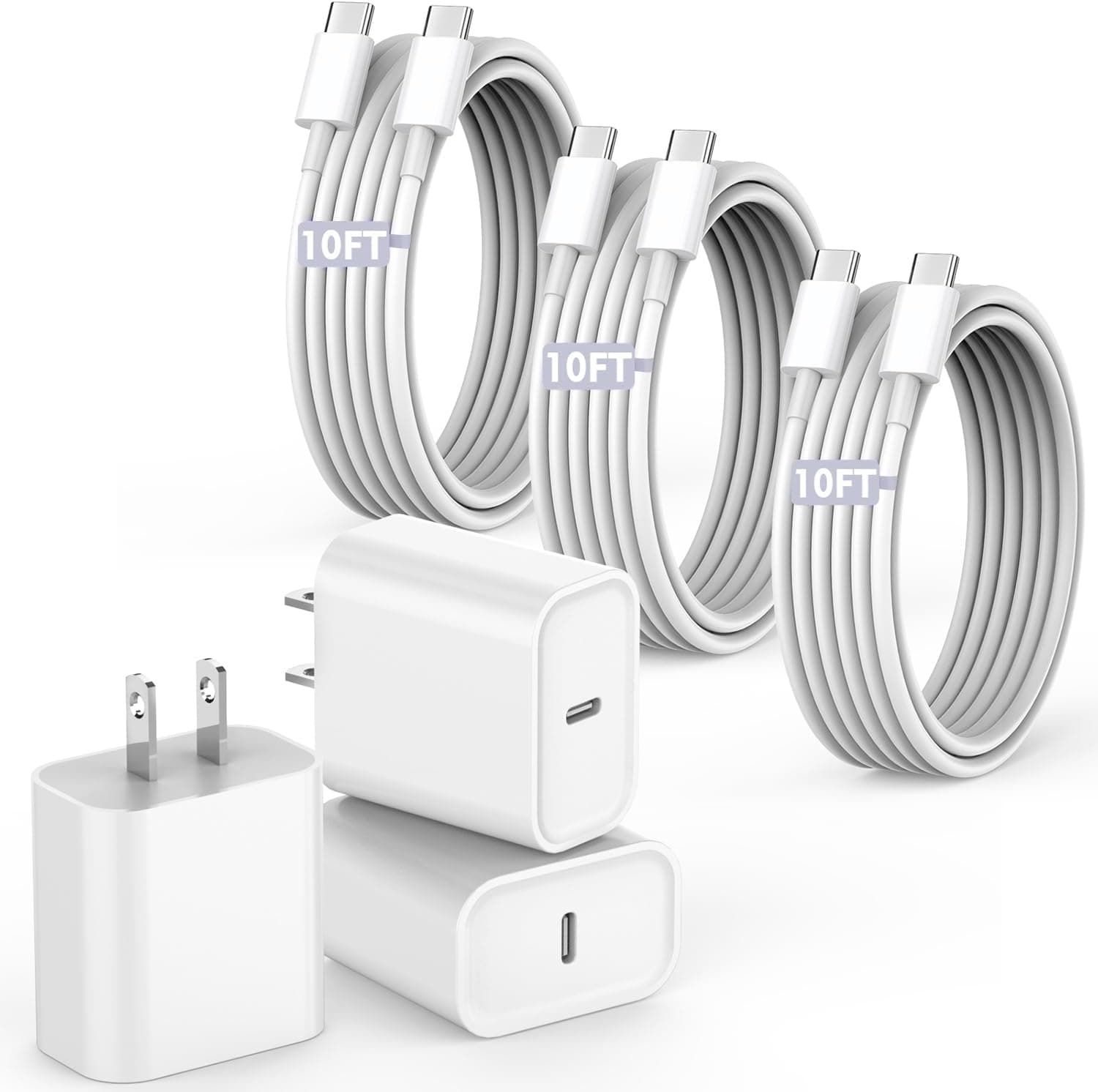 10FT Fast Charging Cord for iPhone 17 16e 15,3Pack Extra Long 10Foot USB C to Type C Charger Cable 20W USBC Charger Block Cube Super Quick Charging for iPhone 17 Air/17 16 15 Pro/Plus/Pro Max,iPad Pro