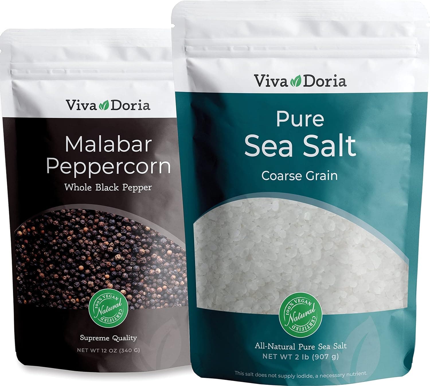 Viva Doria Malabar Black Peppercorns, Whole Black Pepper, Black Peppercorn, 12 Oz and Pure Sea Salt, Coarse Grain, 2 lb, For Grinder Refills, 2 Piece Set