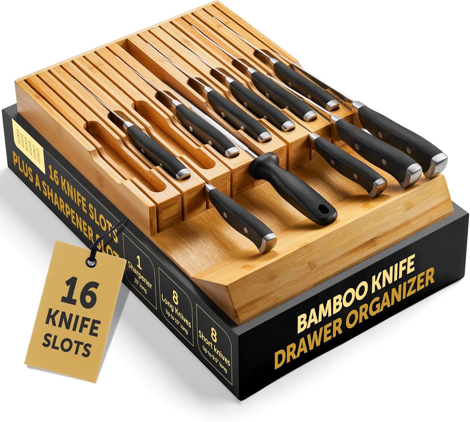 High-Grade 100% Bamboo Knife Drawer Organizer - 16 Knife Slots Plus a Sharpener Slot, Knife Organizer for Kitchen Organization, Durable, Secured, Practical, Eco-Friendly, Knife Block without Knives.