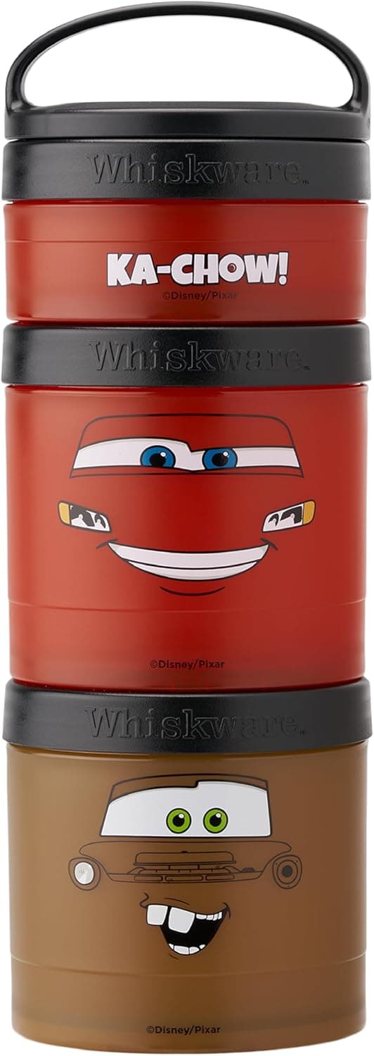 Whiskware Disney Pixar Stackable Snack Containers for Kids and Toddlers, 3 Stackable Snack Cups for School and Travel, Cars Lightning McQueen and Mater