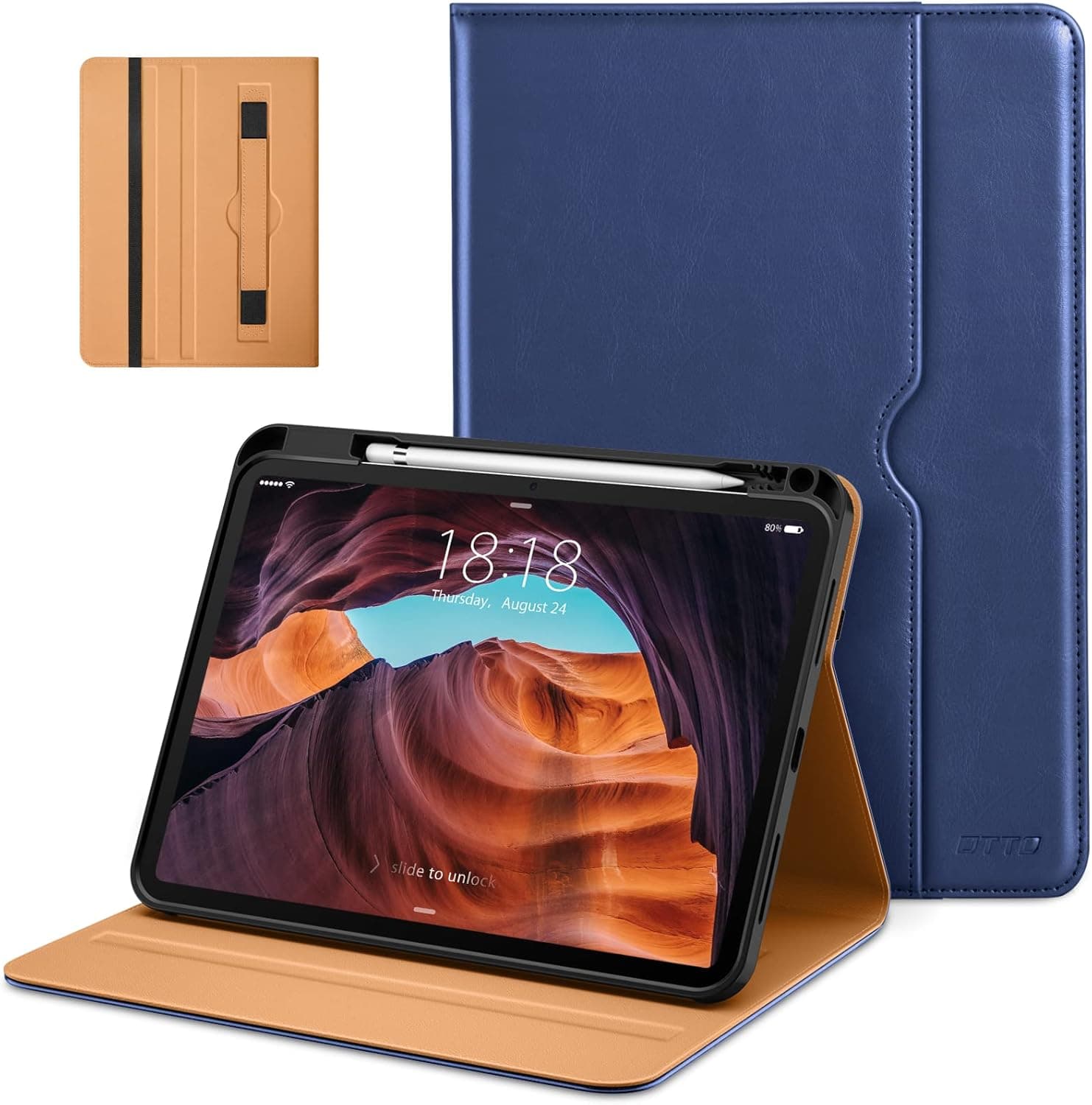 DTTO for iPad (A16) 11th Generation Case 11 Inch 2025, iPad 10th Generation Case 10.9 Inch 2022, Premium Leather Business Folio Stand Cover with Pencil Holder - Auto Wake/Sleep, Navy Blue
