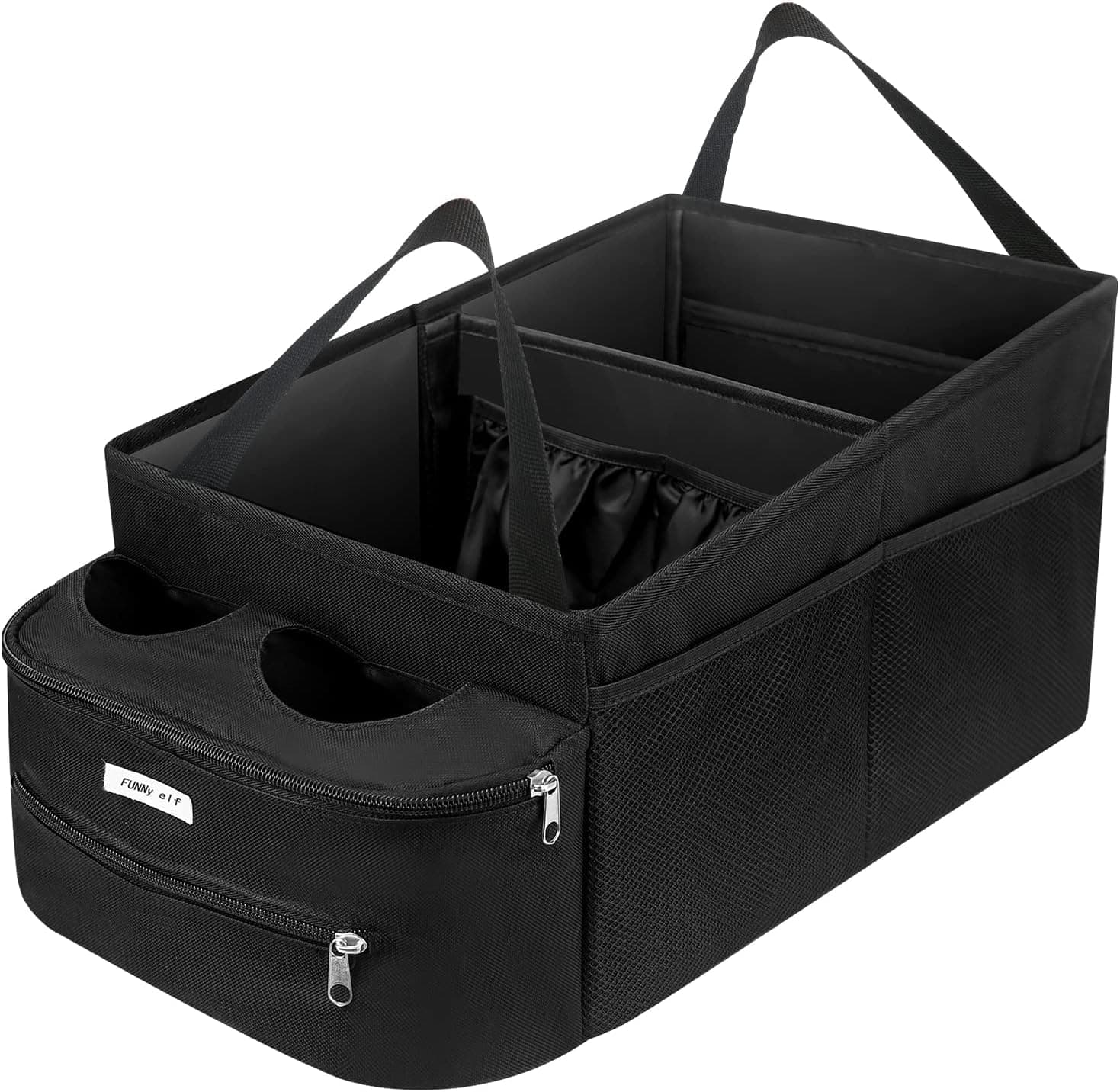 FUNNy elf Passenger Seat Organizer, Collapsible Car Storage with Partitions & 4 Cup Holders for Front or Back Seat