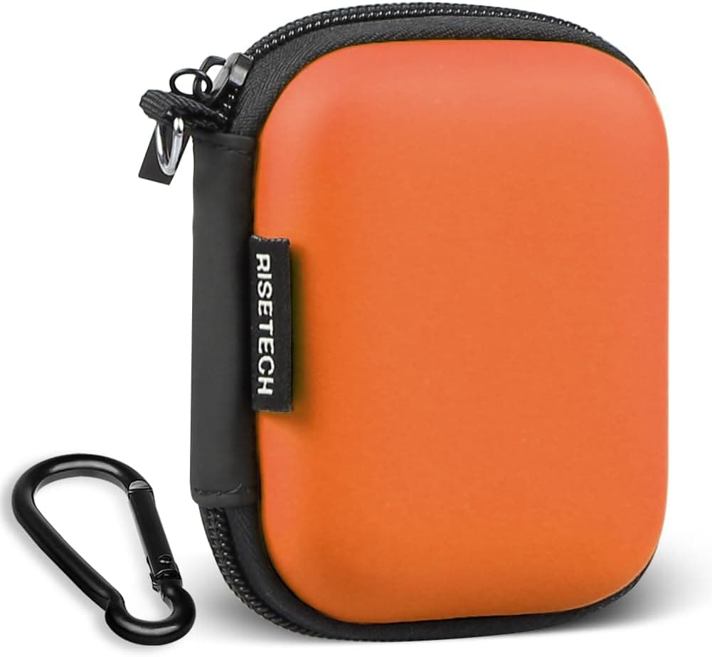 Earbud Case, RISETECH Hard EVA Earphone Travel Case Holder Headphone Small Zipper Pouch Compatible with Flash Drive, SD Cards, USB Charger Cable, AirPods, Sony Wired Earbuds with Keychain -Orange