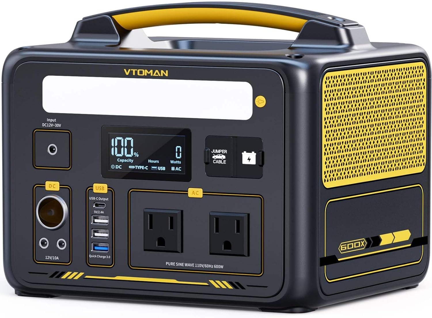 VTOMAN Jump 600X Portable Power Station 600W, 299Wh Solar Generator LiFePO4 Battery Power Station with Jump Start for Car, 1200W AC Outlet, PD 60W USB-C, 3x Regulated 12V/10A DC for Camping, RV Travel