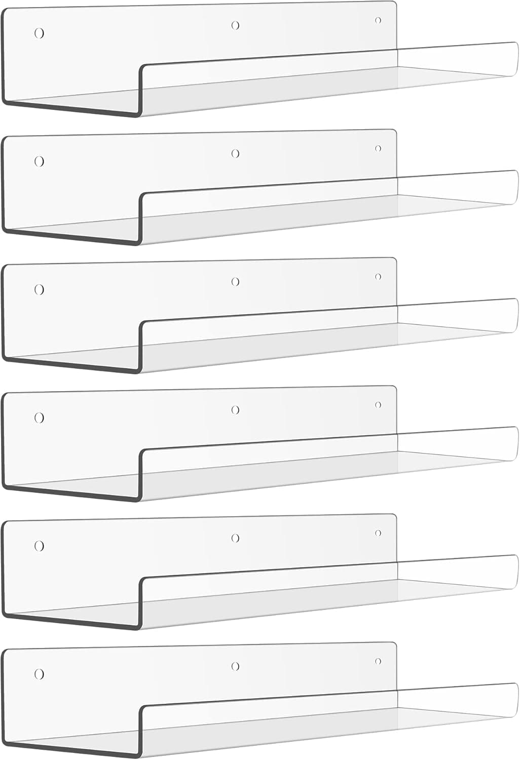 upsimples 6 Pack Acrylic Shelves for Wall Storage, 15" x 4“ Floating Bookshelves for Kids, Display Shelf Organizer for Bathroom, Bedroom, Living Room, Kitchen, Room Decor, Clear