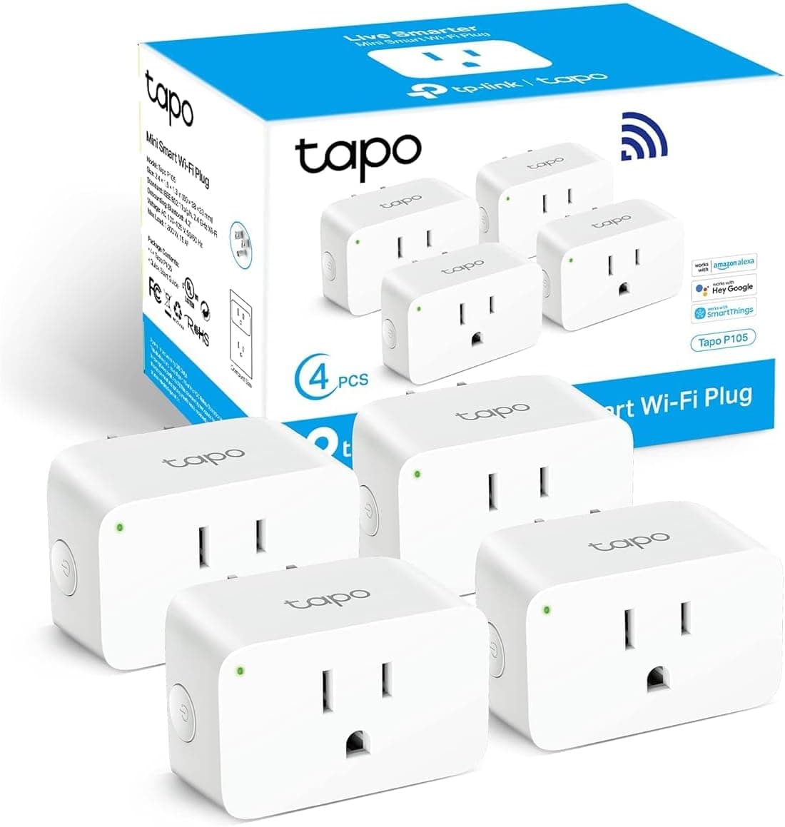 TP-Link Tapo Smart Plug Mini 15A, Smart Home Wi-Fi Plug, Super Easy Setup, Compatible with Alexa & Google Home, No Hub Required, UL Certified, 2.4G WiFi Only, White, Tapo P105(4-Pack)