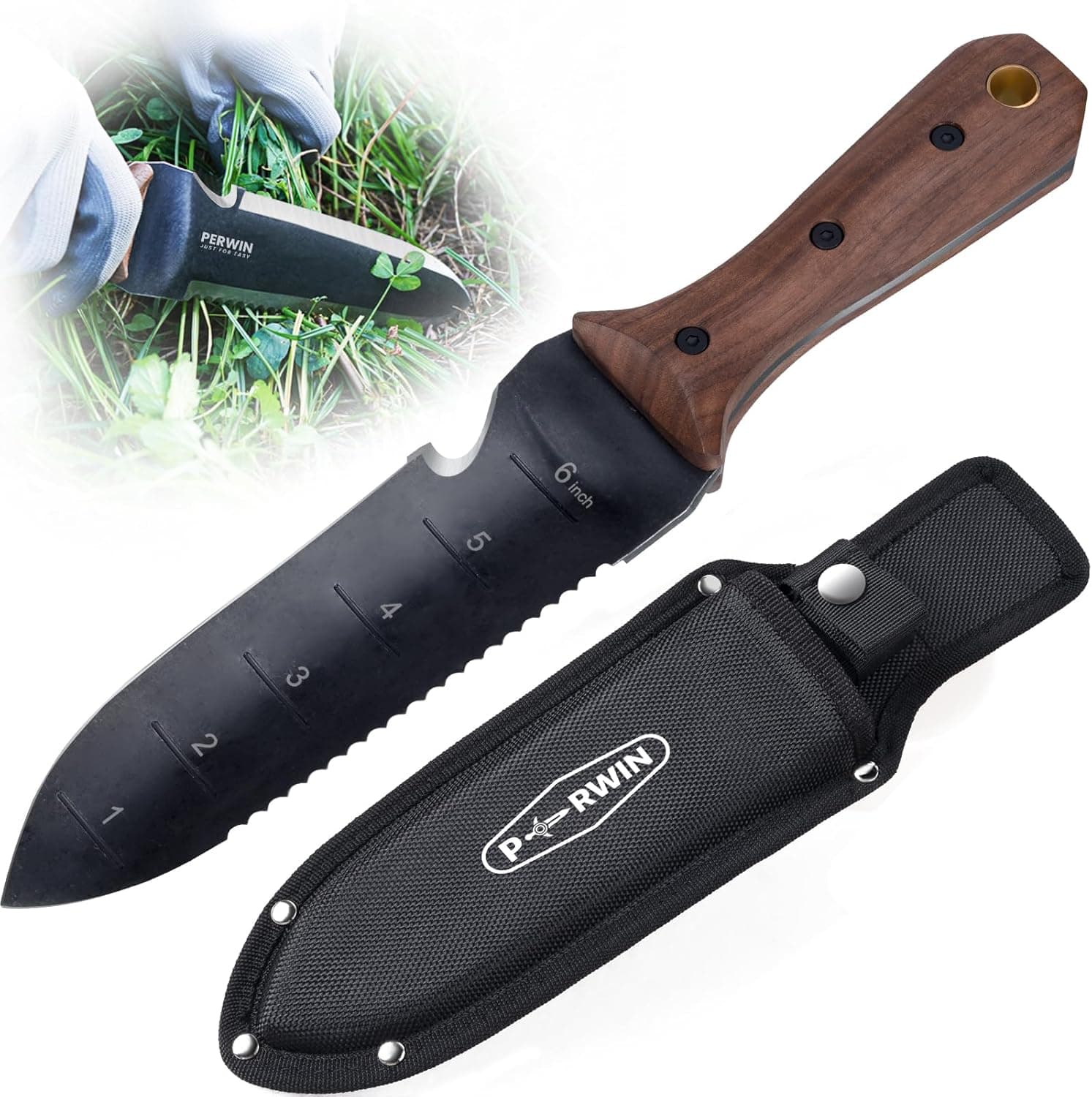 Hori Hori Garden Knife, Garden Tools with Sheath for Weeding, Planting, Digging, 7" Stainless Steel Blade with Cutting Edge, Full-Tang Wood Handle with Hanging Hole