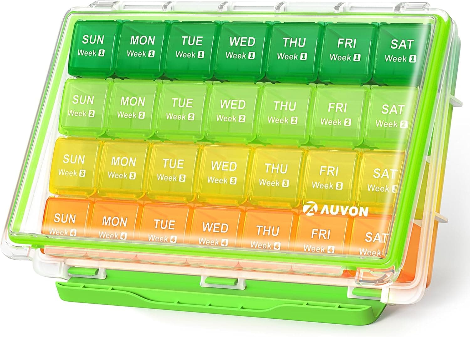 AUVON Moisture-Proof Monthly Pill Organizer, Large 28 Days Pill Box Case with Removable 4 Weeks Medication Organizer Rows, Travel-Friendly to Store Fish Oils, Vitamins, Supplements, Medications
