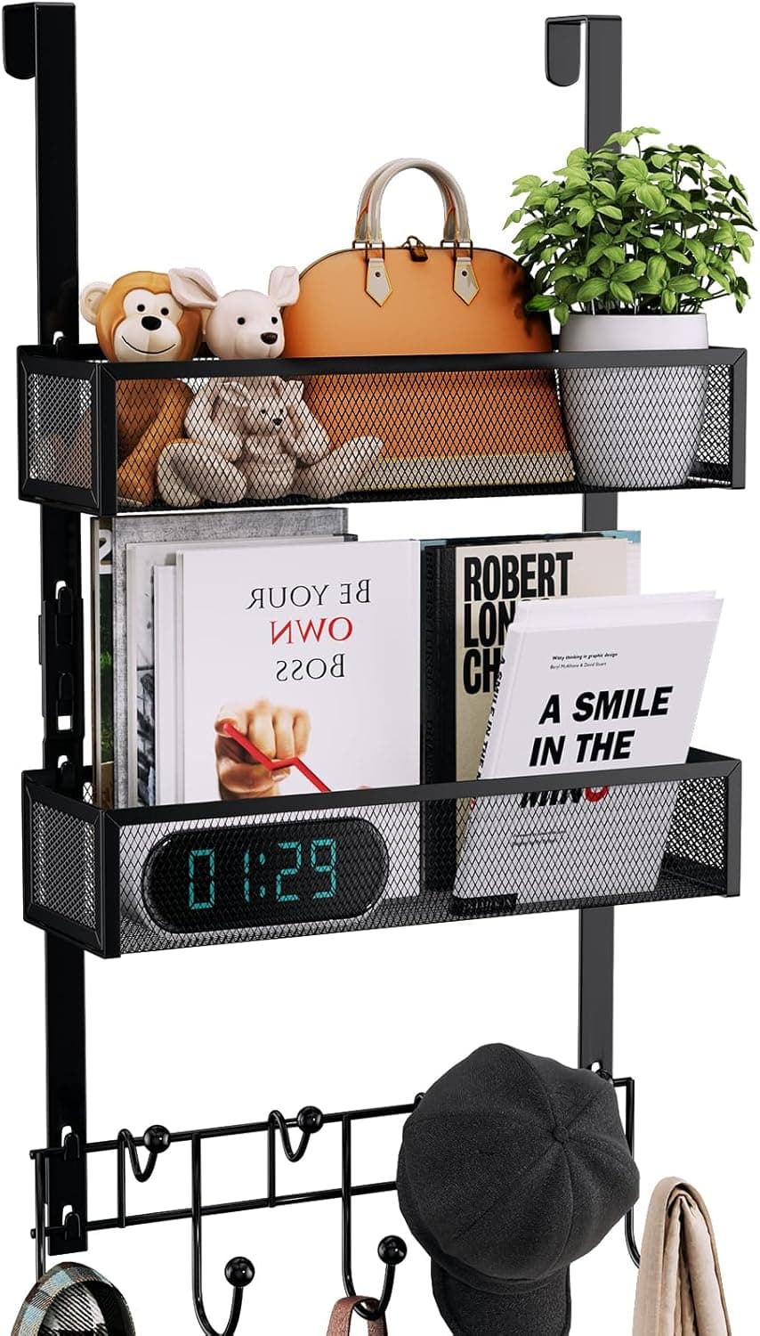 Consumest Over The Door Hooks Organizer - Extra Long Door Hanger with 9 Coat Hooks & 2 Mesh Basket, Back Storage Organizer Hanging Towels for Bathroom, Bedroom, Black (for 1.76 in Doors)