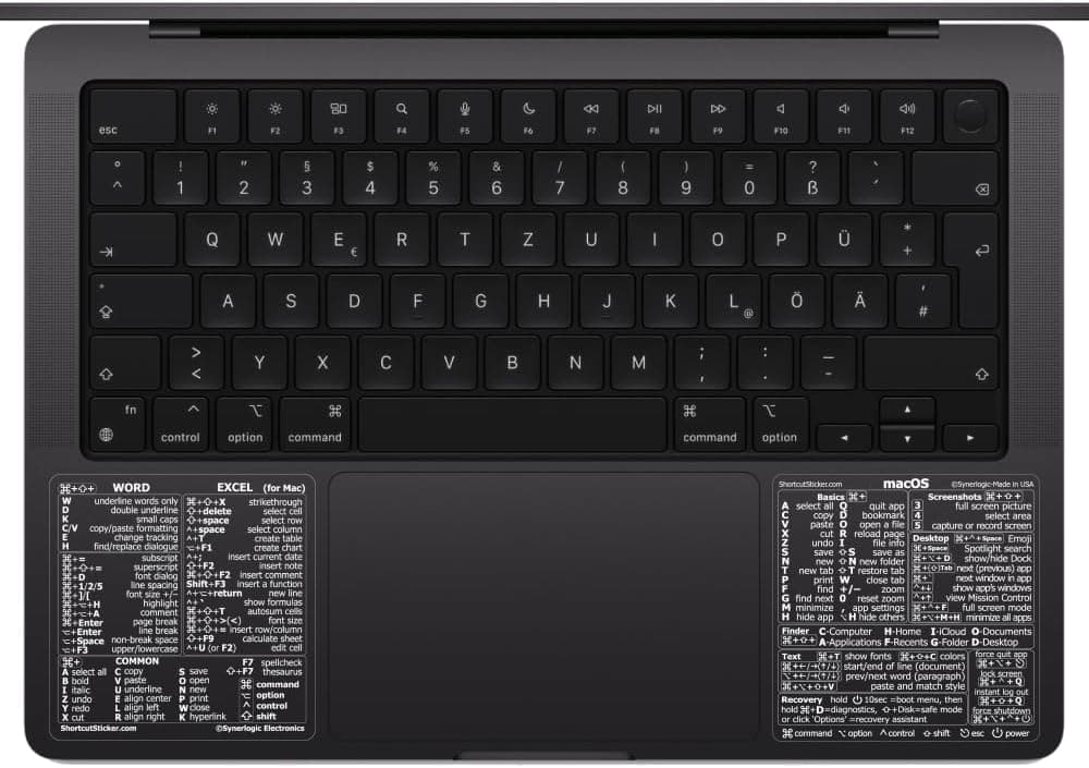 Synerlogic (1 Set) Mac OS + Word/Excel (for Mac) Shortcuts, Laminated Vinyl Stickers - for MacBook Air/Pro/iMac/Mac/mini (Clear/White)