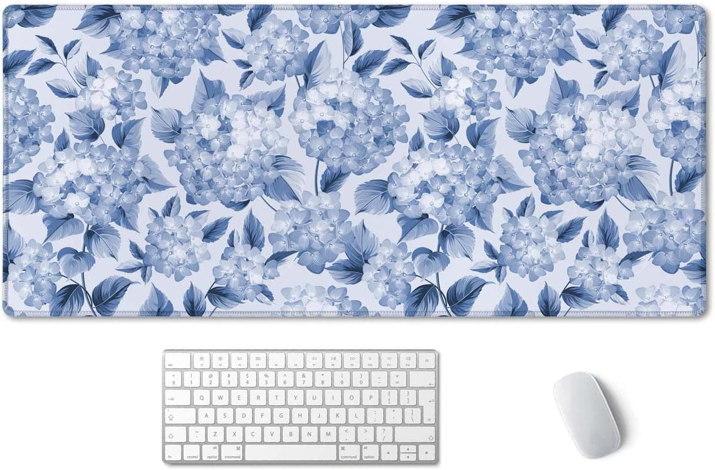 SSOIU Blue Hydrangea Flowers Desk Mat, Floral Large Aesthetic Mouse Pad 35.5" X 15.7", Waterproof Desk Mat Stitched Edges, Non-Slip Laptop Computer Keyboard Mousepad for Office and Home