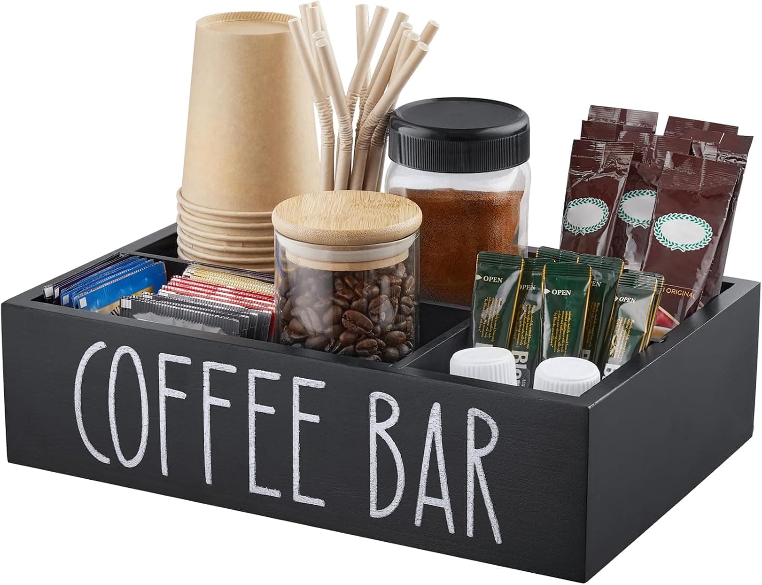 ALELION Coffee Station Organizer - Wood Countertop Accessories Organizer with Removable Dividers for Pods Condiment Syrup Tea Cups Stirrers - for Farmhouse Coffee Bar Decor