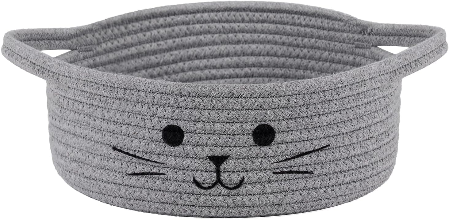Small Woven Rope Storage Basket, Cute Cat Toy Basket for Living Room, Baby Baskets for Nursery, Gift Baskets Empty for Baby Shower, Grey, 9.8 x 4 inches