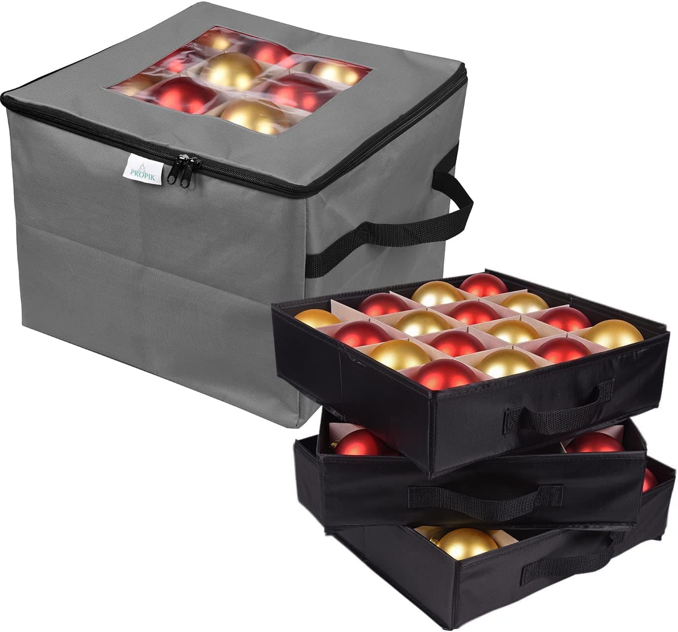 ProPik Holiday Ornament Storage Box Organizer Chest, With 3 Separate Removable Trays Holds Up to 48 Ornaments Balls, Three separated Trays With Dividers To Organize Bulbs (Gray)