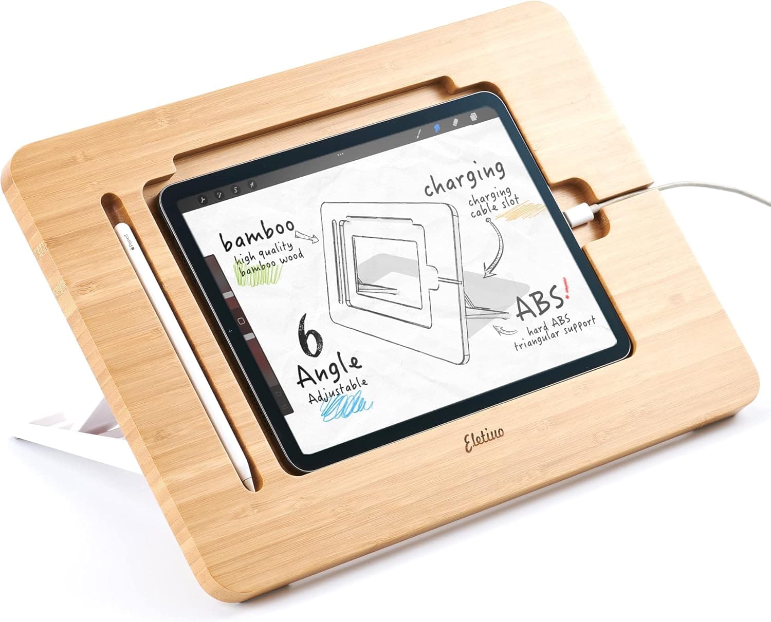 ELETIUO Upgraded Bamboo Wooden Drawing Ipad Holder with Pencil&Charger Cable Slot, Multi-Angle Adjustable Tablet Desktop,Foldable Portable Stand,Compatible with 12.9 inch ipad pro 3rd/4th/ 5th Gen