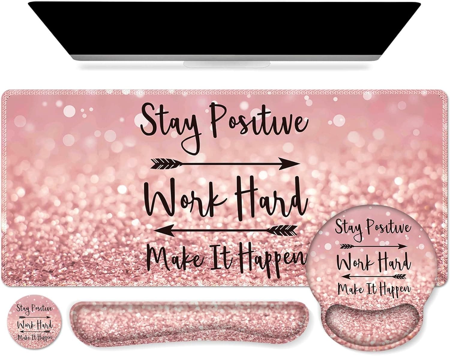 iCasso Mouse Pad,Large Pink Desk Mat Set, 4in1 XXL Mousepad + Keyboard Wrist Rest+Mouse Wrist Rest+Coaster with Ergonomic Desk Pad for Home Office Table Computer Cover -Pink Stay Positive
