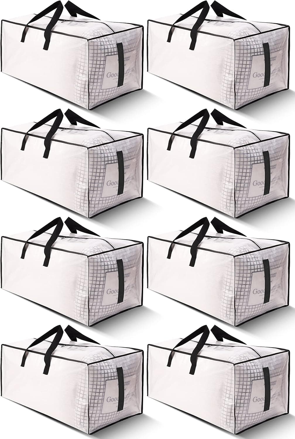 8 Pack Large Strong Moving Bags with Zippers & Carrying Handles - Water-Resistant - Heavy Duty Storage Tote for Space Saving, Fold Flat, Alternative to Moving Box (Semi-Transparent)